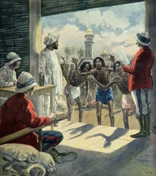 Hindúes piden ayuda a los ingleses durante la gran hambruna de 1896 - 1897 (Grabado)