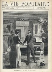 En un salón burgués, un hombre se precipita hacia la dueña de la casa y le agarra las manos, dejando caer su sombrero al suelo, bajo la mirada asombrada de otro hombre. Ilustración de Bernard Borione (1865-20th century), para la prueba de Guy
