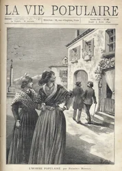 En las calles de un pueblo de Provenza, dos mujeres bonitas con vestidos provenzales se vuelven hacia la calle para enfrentar a un hombre que se dirige confiado hacia sus ojos. Ilustración de Montegut para El Hombre Popular por Frederic Mistral (1830-1914)