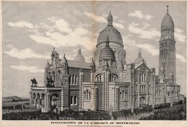 Inauguración de la Basílica del Sagrado Corazón en Montmartre en 1891 (apariencia del monumento como será después de su completa finalización) - Grabado de Meaulle en 1891