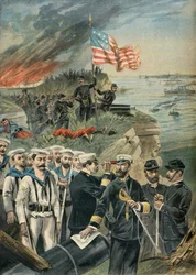 Desembarco de tropas estadounidenses en Guantánamo, guerra hispano-estadounidense de 1898 (Grabado)