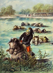 El 7º regimiento de dragones pasa nadando junto a sus monturas.