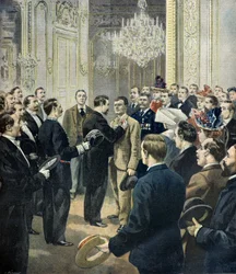 Louis Barthou condecora al cochero Georges, salvador del bazar de la charite ,1897 (Grabado)