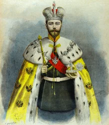 Retrato del zar Nicolás 2 en traje de coronación en mayo de 1896 (Grabado)