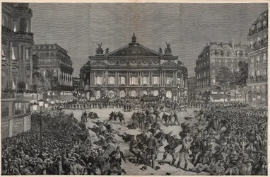 Disturbios en París objetando la representación de “Lohengrin” de Richard Wagner en el Palais Garnier 1891 - Demostración patriótica, plaza de la Ópera, en París en 1891 durante la primera representación de “Lohengrin” de Richard Wagner - Grabado de Fortu