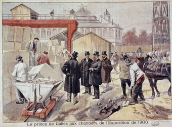 El Príncipe de Gales (Eduardo VII) visitando los sitios de construcción de la futura Exposición Mundial - en "Le Petit Journal"