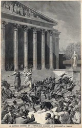 Sufragio Universal y la República expulsando a los mercaderes del Templo - alegoría sobre las secuelas del asunto de Panamá - Grabado de Meaulle por Henri Meyer