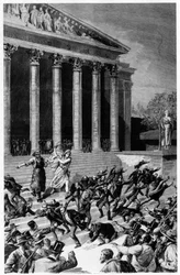 Sufragio universal y la República expulsando a los mercaderes del templo - en "Le Journal illustré" del 25/12/1892, composición de Henri Meyer, grabado por Meaulle.