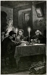 Victor Hugo "Los Miserables" Ilustración de Lix grabada por Meaulle: el Forcat y la Eveque. Jean Valjean, a quien la eveque Myriel ofreció el hospital, cometerá su última fuga: la vajilla de plata de su anfitrión. Sobre la mesa, los dos candelabros de plat