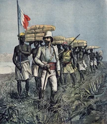 El teniente Mizon (1853-99) en su misión de exploración de 1892 de la región del río Benue en Nigeria, de «Le Petit Journal», julio de 1892