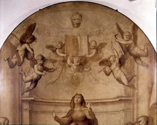 El Gran Retablo del Consejo, detalle que representa ángeles musicales sosteniendo un libro