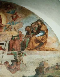 El Juicio Final, detalle que representa a los Apóstoles a la izquierda de Cristo