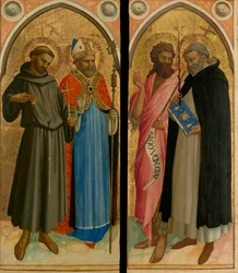 San Francisco y un obispo santo, San Juan Bautista y Santo Domingo, finales de la década de 1420 (temple y pan de oro sobre tabla)