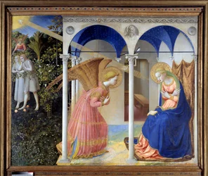 La Anunciación (al fondo, Adán y Eva expulsados del Paraíso), c. 1445 (temple y oro sobre tabla)