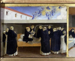 La muerte de santo Domingo (1221) - parte inferior (la predela) de la «Coronación de la Virgen», que representa a Cristo en el sepulcro y seis episodios de la vida de santo Domingo, fundador de la orden a la que pertenecía Angelico, de Guido di Pietro