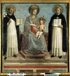 ""La Virgen y el niño rodeados de Santo Domingo de Guzmán (1170-1221), fundador de la Orden Dominicana y Santo Tomás de Aquino (1225-1274) doctor de la iglesia"" (La Virgen y el Niño con Santos Domingo y Tomás de Aquino) Moquillo en madera de muérdago