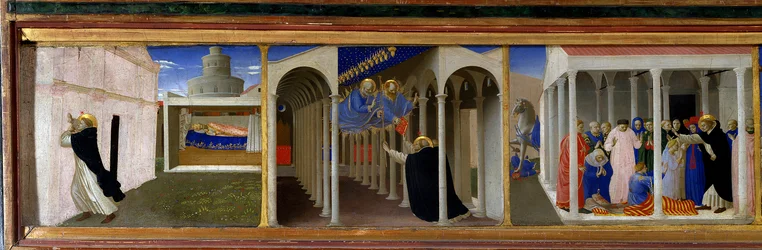 De izquierda a derecha, Santa Dominica (1170-1221) y el Papa Inocencio III (1160-1216), aparición de San Pedro y San Pablo a Santa Dominica, y una escena de resurrección operada milagrosamente por la santa (parte izquierda del predela del retablo El Coro)