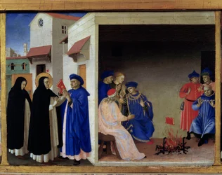 Predela de la Coronación de la Virgen: el milagro del libro arrojado al fuego ante los albigenses. Santo Domingo refuta la herejía cátara. Museo del Louvre, París