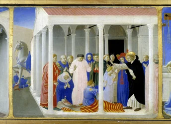 Santa Dominica (1170 - 1221) resucitando a Napoleone Orsini, la parte inferior (la predela) de la 