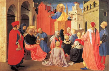 San Pedro predicando el Evangelio a San Marcos, detalle de la predela del Tabernáculo de los Linos
