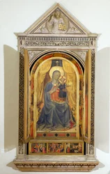 El Tríptico de Linaiuoli (con postigos abiertos): La Virgen y el Niño entronizados con San Juan Bautista y San Marcos