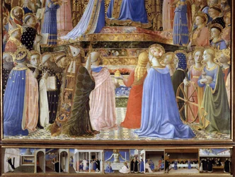 La coronación de la Virgen. Detalle de santos y ángeles músicos. Abajo, la historia de santo Domingo: la aparición de san Pedro y san Pablo ante santo Domingo, santo Domingo resucitando a Napoleone Orsini, Cristo de pie en su sepulcro, la dispu