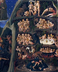 El juicio final: infierno. Las almas de los condenados sometidas a tortura en los círculos del Infierno. El diablo abajo tiene a uno de ellos.