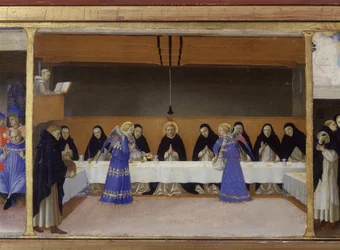 La comida de los monjes servida por los ángeles - parte inferior (la predela) de la «Coronación de la Virgen», que representa a Cristo en el sepulcro y seis episodios de la vida de santo Domingo, fundador de la orden a la que pertenecía Angelico, de Guido