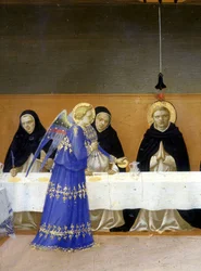 La comida de los monjes servida por los ángeles - la parte inferior, la predela, de la «Coronación de la Virgen», que representa a Cristo en el sepulcro y seis episodios de la vida de santo Domingo, fundador de la orden a la que pertenecía Fra Angelico