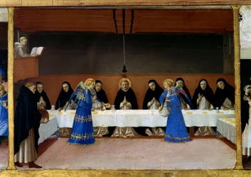 Los monjes en la mesa, la cocina de los ángeles. Vida de Santa Dominica (detalle): los ángeles sirven una comida a los hermanos dominicos. Pintura de Guido di Pietro (Fra Angelico)