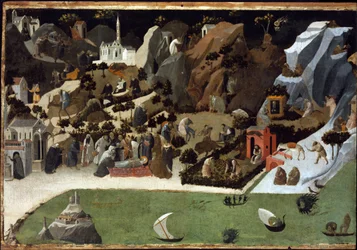 Thebaide - Escenas de la Vida de los Padres del Desierto (Thebaid) - Painting by Fra Giovanni (Guido di Pietro) by Fra Angelico (1387-1455) - 1420 - Temple on panel - 73.8x1 cm - Art Museum, Budapest