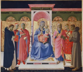Virgen y niño con seis santos, Pedro, Cosme y Damián, San Juan, San Lorenzo y San Francisco. (detalle)