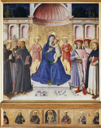 Virgen y niño con seis santos, San Antonio de Padua, San Luis de Tolosa, San Francisco, Santos Cosme y Damián, San Pedro de Verona. Retablo de Bosco ai Frati