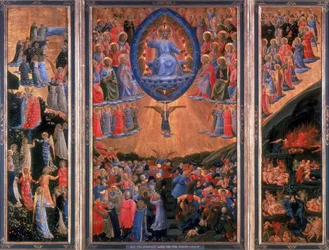 El Juicio Final. Cielo, izquierda, Infierno, derecha. Cristo sentado en juicio en el panel central. Fra Angelico (1400-1455) pintor florentino. Tríptico. Temple sobre tabla. Staatliche Museum, Berlín