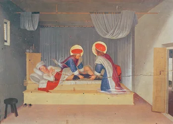 Retablo, la Virgen con el Niño rodeada de ángeles y ocho santos. La predela: san Cosme y san Damián trasplantan la pierna de un hombre negro a un diácono llamado Justiniano