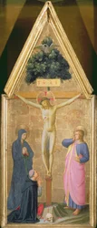 Cristo en la cruz entre la Virgen y el cardenal Torquemada y San Juan Evangelista