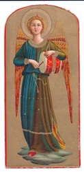 Litografía en color de Fra Angelico, ángel tocando un tambor, c.1910