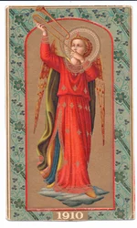 Litografía en color de Fra Angelico, ángel tocando una trompeta, c.1910