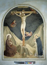 Crucifixión con la Virgen y San Domingo. Fresco de Guido di Pietro