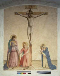 Crucifixión con la Virgen María y San Domingo. Inscripción "INRI" en la cruz
