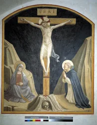 Crucifixión con la Virgen María y San Domingo. Inscripción "INRI" en la cruz 1442