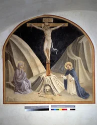 Crucifixión con la Virgen María y San Domingo. Inscripción "INRI" en la cruz 1442