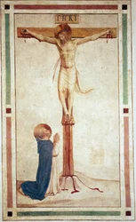 La crucifixión con Santo Domingo. Inscripción "INRI" en la cruz. Fresco de Guido di Pietro