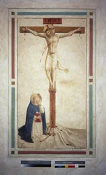 La crucifixión con San Domingo. Inscripción "INRI" en la cruz. Fresco de Guido di Pietro