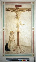 La crucifixión con San Domingo. Inscripción "INRI" en la cruz. Fresco de Guido di Pietro