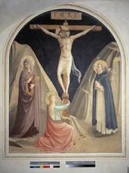 La crucifixión con San Domingo, la Virgen María y Santa María Magdalena. Inscripción "INRI" en la cruz. Fresco de Guido di Pietro