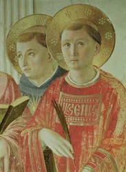 Madonna de la Sombra, detalle de santo Tomás de Aquino y san Lorenzo, del corredor del primer piso (fresco)