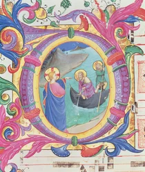 Misal 558 f.9r Inicial historiada O que representa la Pesca Milagrosa (detalle)