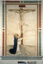 La crucifixión con San Domingo. Inscripción "INRI" en la cruz