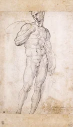 Un desnudo sosteniendo una capa sobre sus hombros